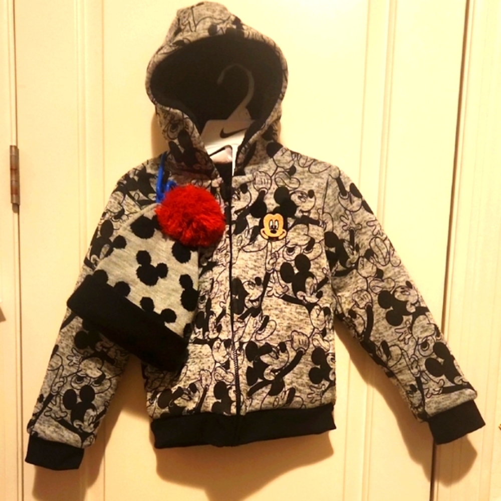 Disney Junior Mickey Gray & Black Mickey Mouse Hoodie Jacket & Hat Set. Size 7